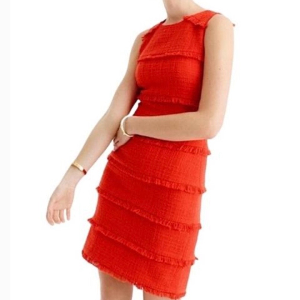 J. CREW Size 8 Sheath Dress Burnt orange/redTweed Texture Tiered Fringe Lined - Picture 2 of 12